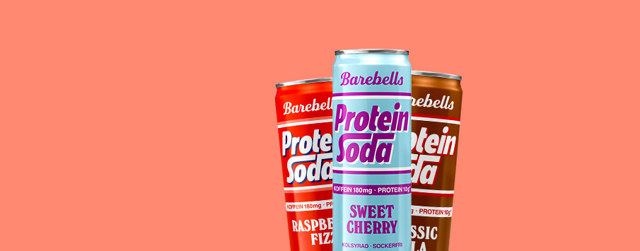 Barebells Protein Soda.  Cola, Seweet Cherry och Raspberry Fizz